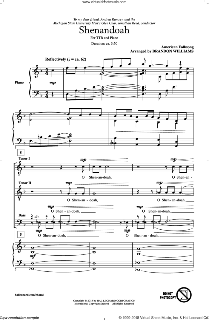 Shenandoah sheet music for choir (TTBB: tenor, bass) by American Folksong and Brandon Williams, intermediate skill level