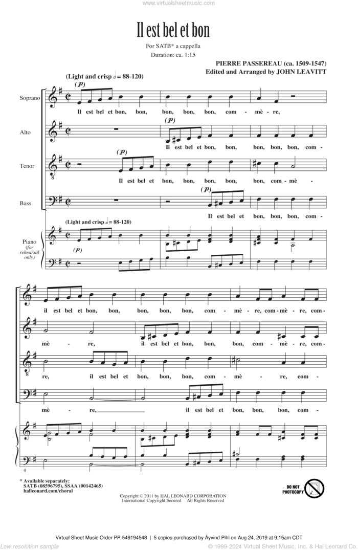 Il Est Bel Et Bon (A Good And Handsome Man) sheet music for choir (SATB: soprano, alto, tenor, bass) by Pierre Passereau and John Leavitt, intermediate skill level