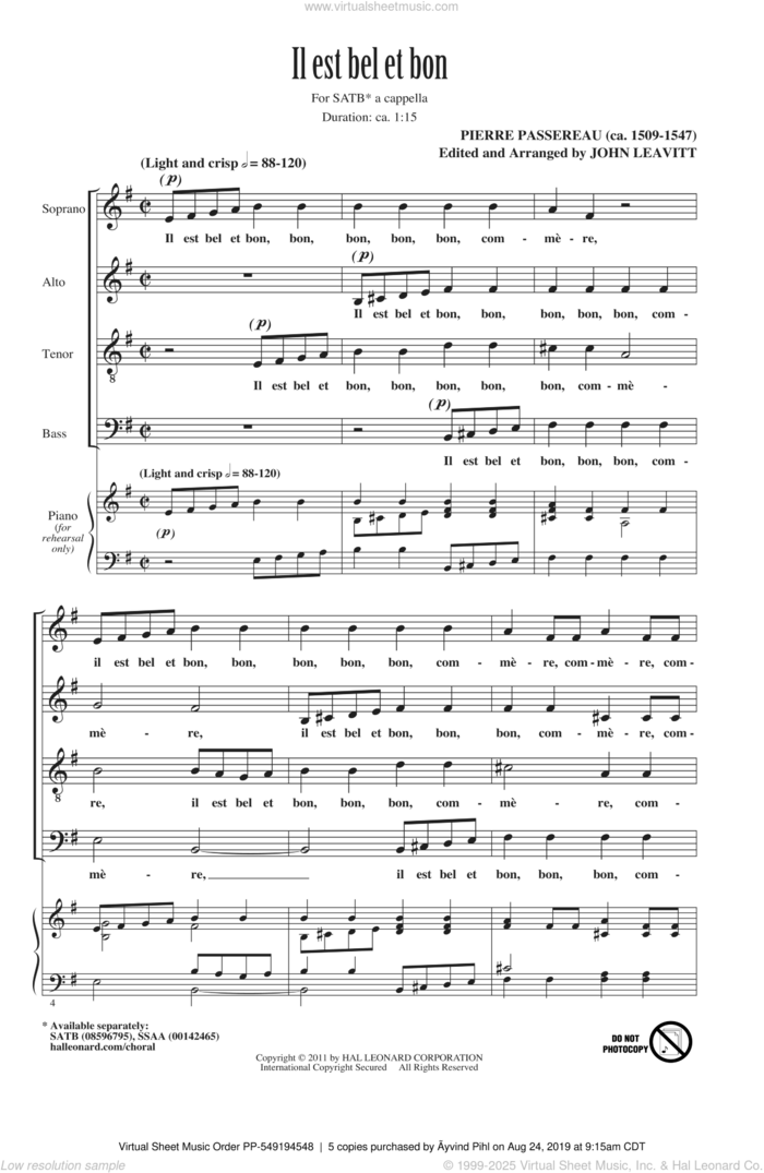 Il Est Bel Et Bon (A Good And Handsome Man) sheet music for choir (SATB: soprano, alto, tenor, bass) by Pierre Passereau and John Leavitt, intermediate skill level