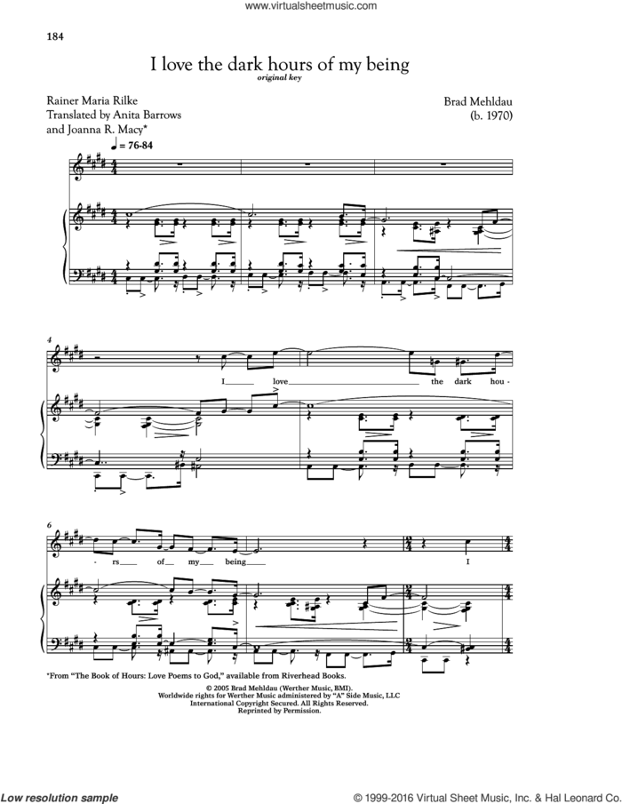 I Love The Dark Hours Of My Being sheet music for voice and piano (High Voice) by Rainer Maria Rilke, Richard Walters and Brad Mehldau, classical score, intermediate skill level
