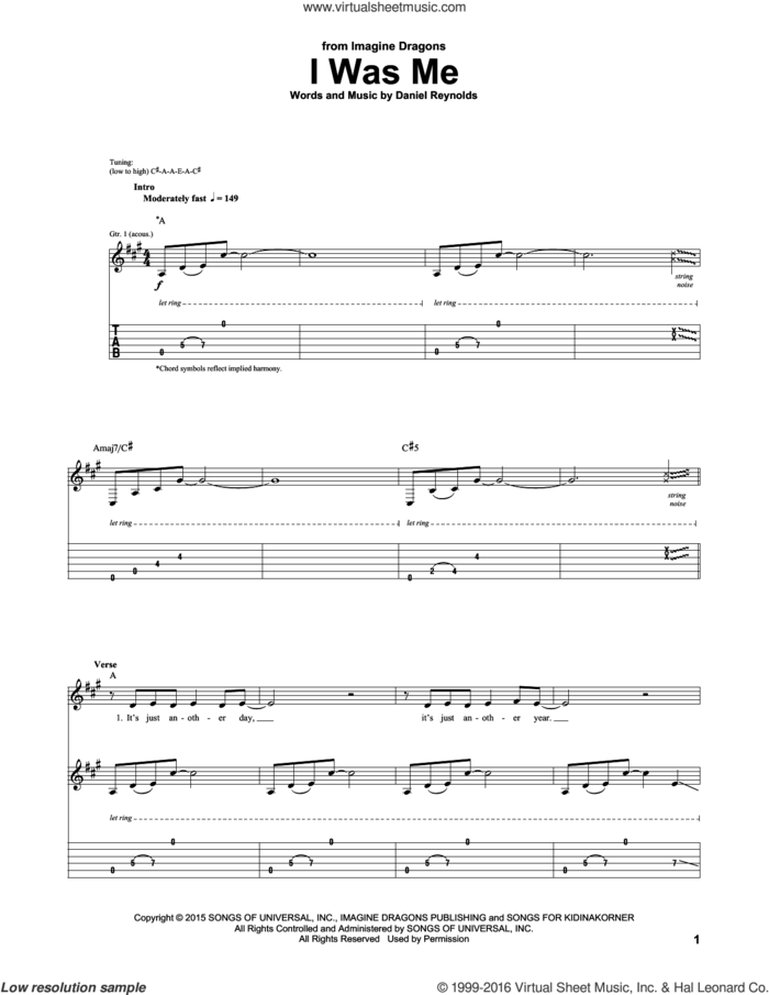 I Was Me sheet music for guitar (tablature) by Imagine Dragons and Daniel Reynolds, intermediate skill level