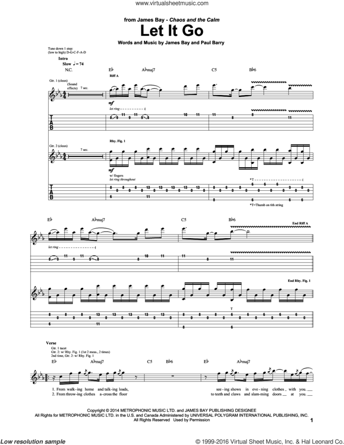 Let It Go sheet music for guitar (tablature) by James Bay and Paul Barry, intermediate skill level