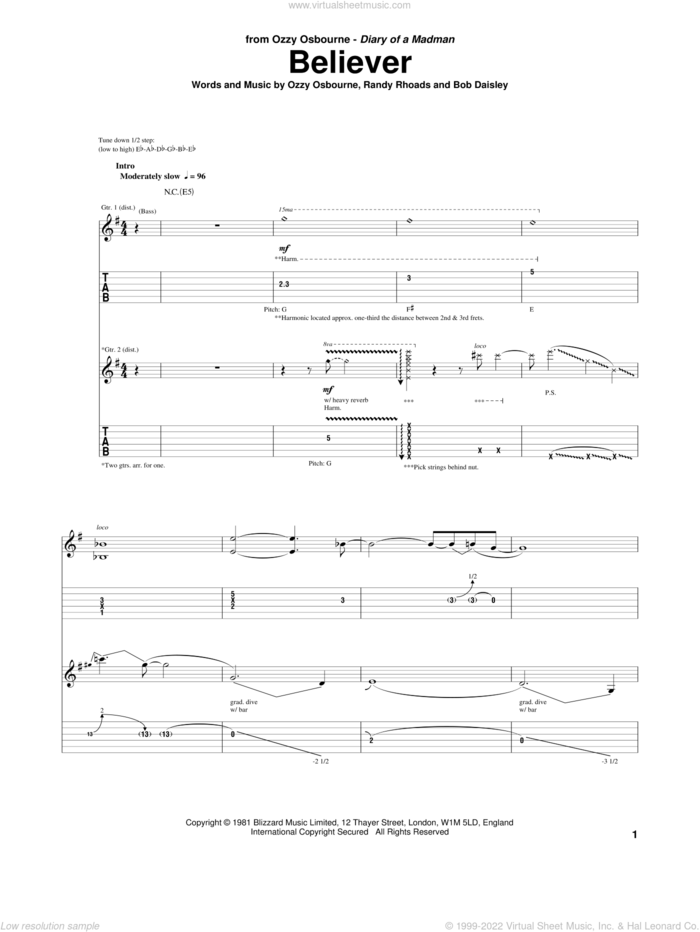Believer sheet music for guitar (tablature) by Ozzy Osbourne, Bob Daisley and Randy Rhoads, intermediate skill level