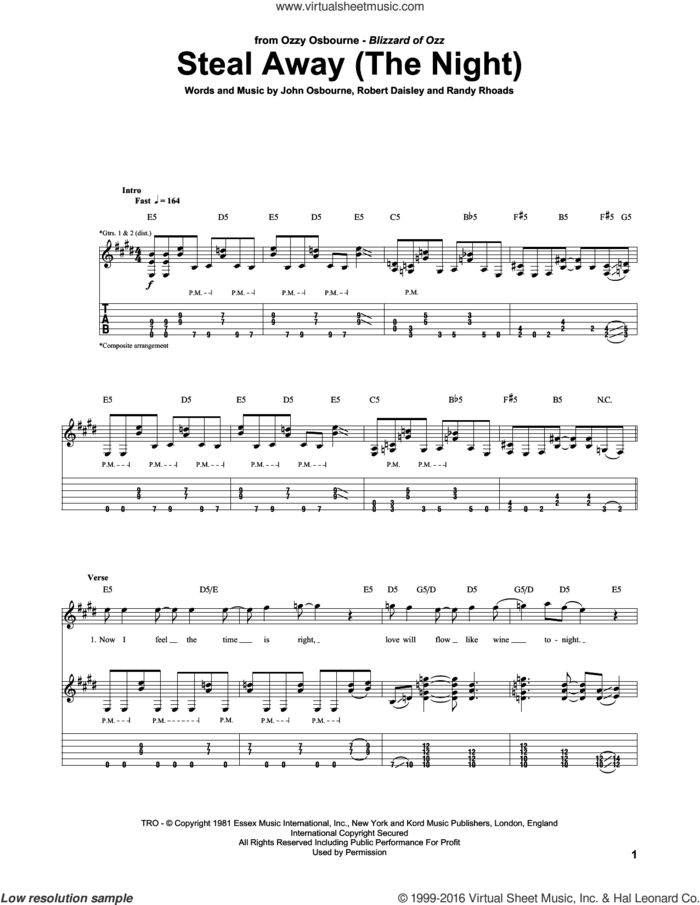 Steal Away (The Night) sheet music for guitar (tablature) by Ozzy Osbourne, Bob Daisley, John Osbourne and Randy Rhoads, intermediate skill level