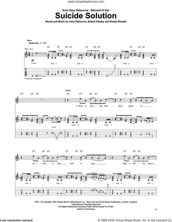 Suicide Solution sheet music for guitar (tablature) by Ozzy Osbourne, Bob Daisley, John Osbourne and Randy Rhoads, intermediate skill level