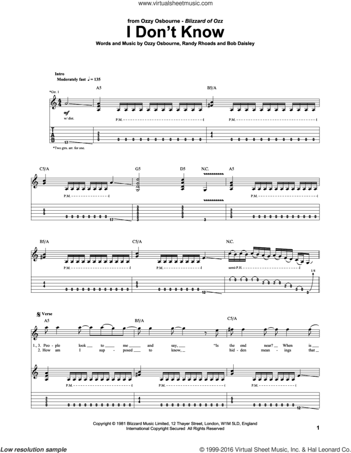 I Don't Know sheet music for guitar (tablature) by Ozzy Osbourne, Bob Daisley and Randy Rhoads, intermediate skill level