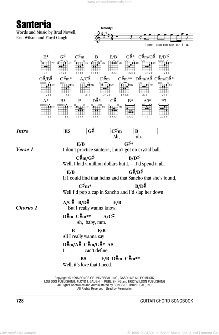 Santeria sheet music for guitar (chords) by Sublime, Brad Nowell, Eric Wilson and Floyd Gaugh, intermediate skill level