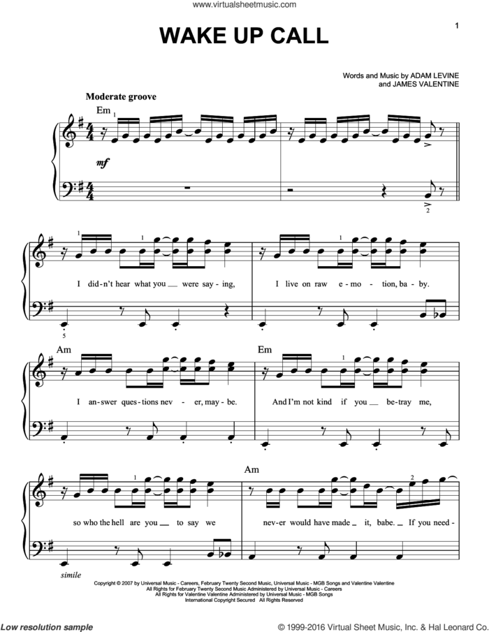 Wake Up Call sheet music for piano solo by Maroon 5, Adam Levine and James Valentine, easy skill level