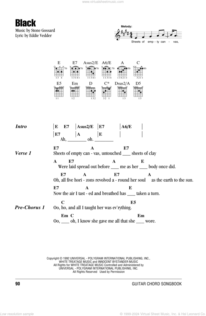 Black sheet music for guitar (chords) by Pearl Jam, Eddie Vedder and Stone Gossard, intermediate skill level