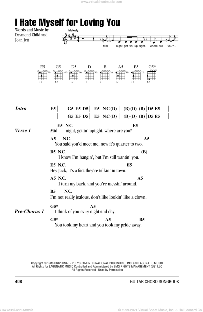 I Hate Myself For Loving You sheet music for guitar (chords) by Joan Jett and Desmond Child, intermediate skill level