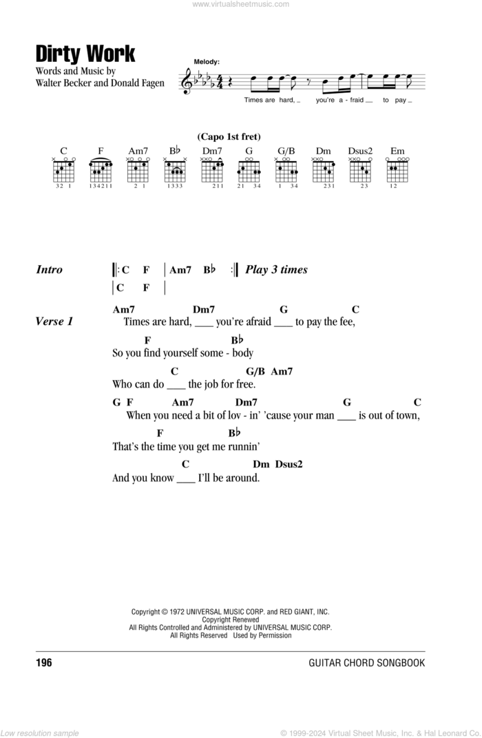 Dirty Work sheet music for guitar (chords) by Steely Dan, Donald Fagen and Walter Becker, intermediate skill level