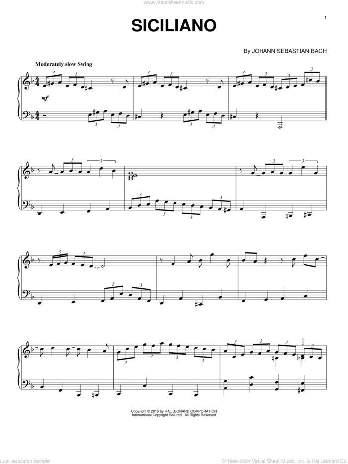 Siciliano [Jazz version] sheet music for piano solo by Johann Sebastian Bach, classical score, intermediate skill level