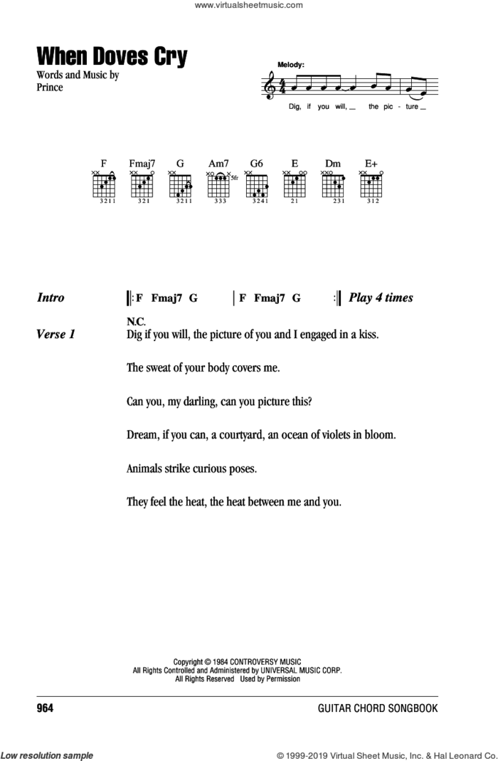 When Doves Cry sheet music for guitar (chords) by Prince, intermediate skill level