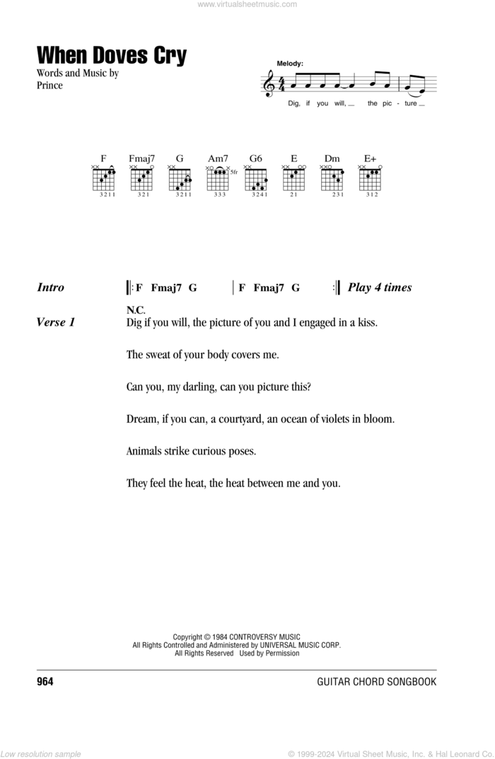 When Doves Cry sheet music for guitar (chords) by Prince, intermediate skill level