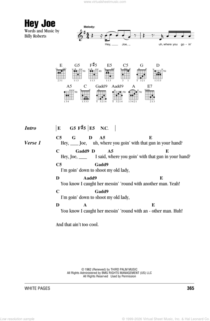 Hey Joe sheet music for guitar (chords) by Jimi Hendrix and Billy Roberts, intermediate skill level