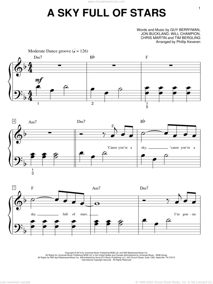 A Sky Full Of Stars (arr. Phillip Keveren) sheet music for piano solo (big note book) by Guy Berryman, Phillip Keveren, Coldplay, Chris Martin, Jon Buckland, Tim Bergling and Will Champion, wedding score, easy piano (big note book)