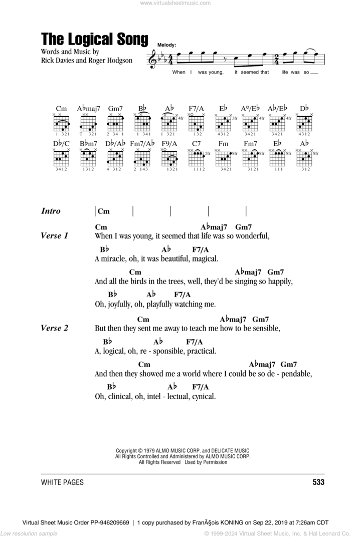 The Logical Song sheet music for guitar (chords) by Supertramp, Rick Davies and Roger Hodgson, intermediate skill level