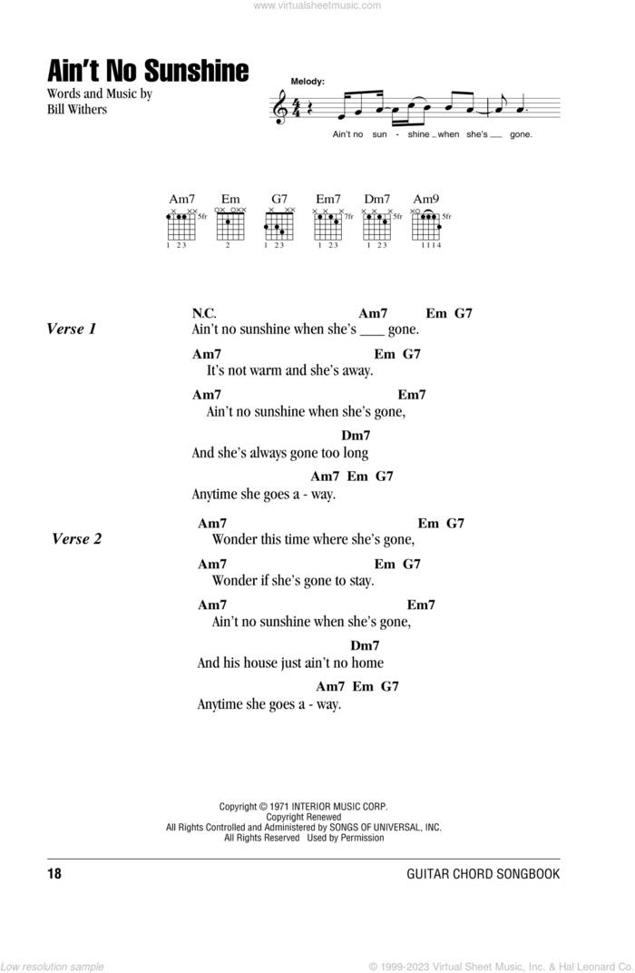 Ain't No Sunshine sheet music for guitar (chords) by Bill Withers and Kris Allen, intermediate skill level