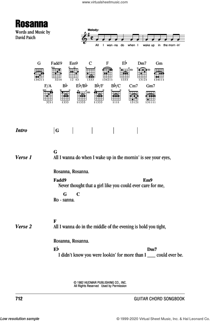 Rosanna sheet music for guitar (chords) by Toto and David Paich, intermediate skill level