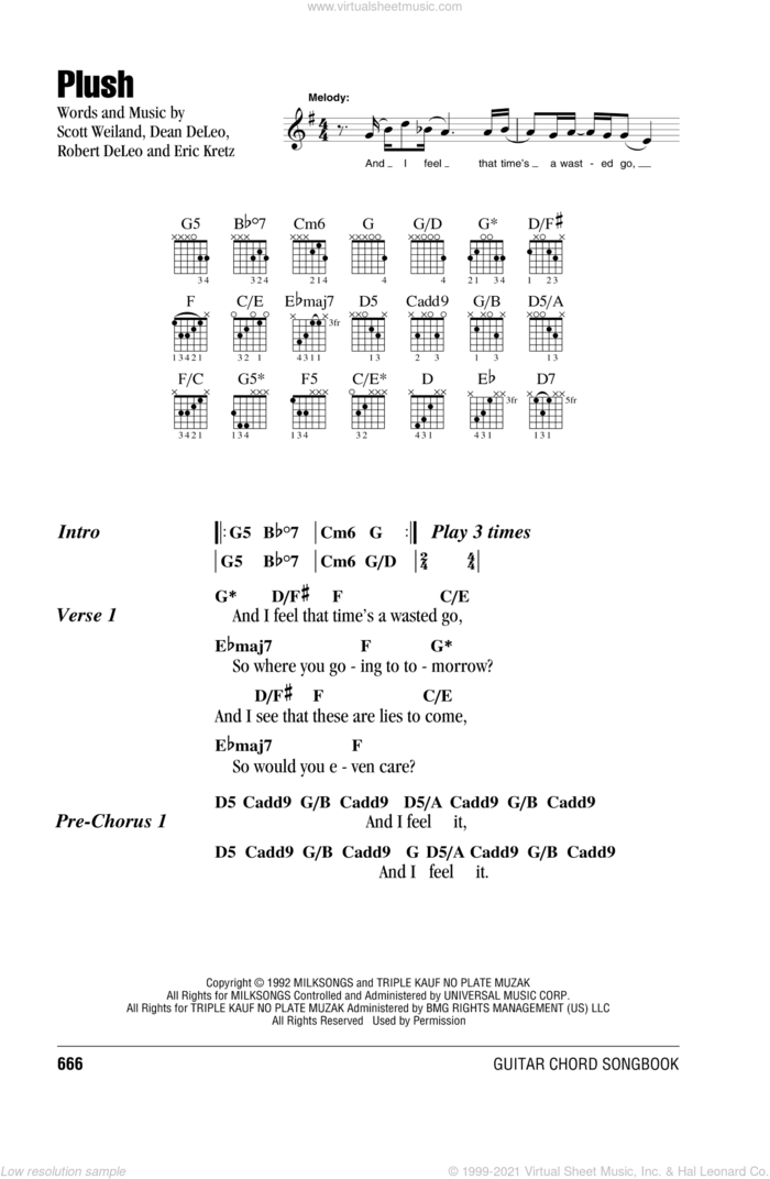Plush sheet music for guitar (chords) by Stone Temple Pilots, Dean DeLeo, Eric Kretz, Robert DeLeo and Scott Weiland, intermediate skill level
