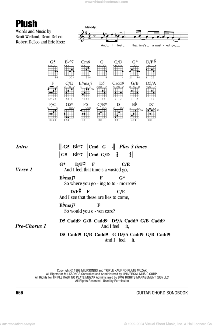 Plush sheet music for guitar (chords) by Stone Temple Pilots, Dean DeLeo, Eric Kretz, Robert DeLeo and Scott Weiland, intermediate skill level