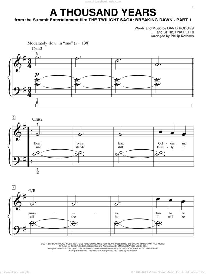 A Thousand Years (arr. Phillip Keveren) sheet music for piano solo (big note book) by Christina Perri, Phillip Keveren and David Hodges, wedding score, easy piano (big note book)