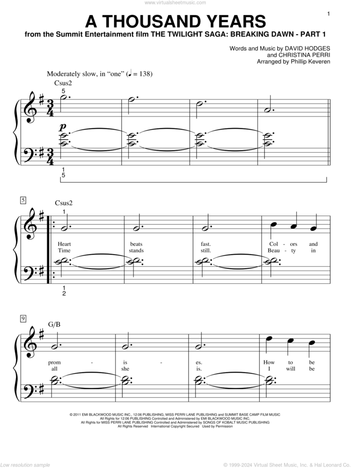 A Thousand Years (arr. Phillip Keveren) sheet music for piano solo (big note book) by Christina Perri, Phillip Keveren and David Hodges, wedding score, easy piano (big note book)