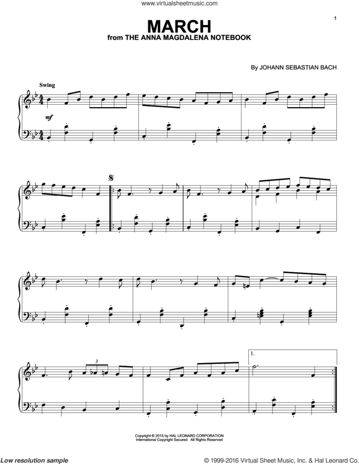 March In D Major [Jazz version] sheet music for piano solo by Johann Sebastian Bach, classical score, intermediate skill level