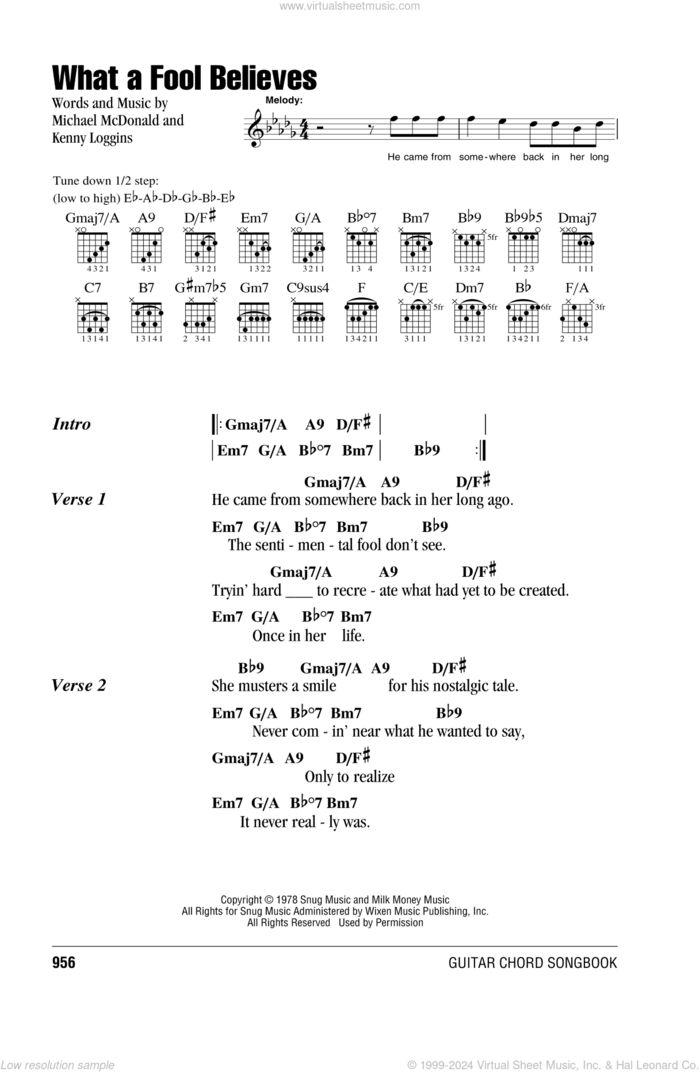 What A Fool Believes sheet music for guitar (chords) by The Doobie Brothers, Kenny Loggins and Michael McDonald, intermediate skill level