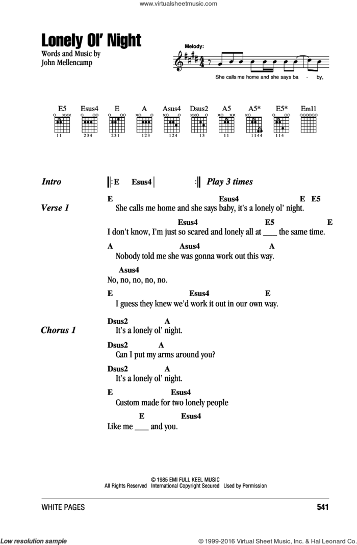 Lonely Ol' Night sheet music for guitar (chords) by John Mellencamp, intermediate skill level
