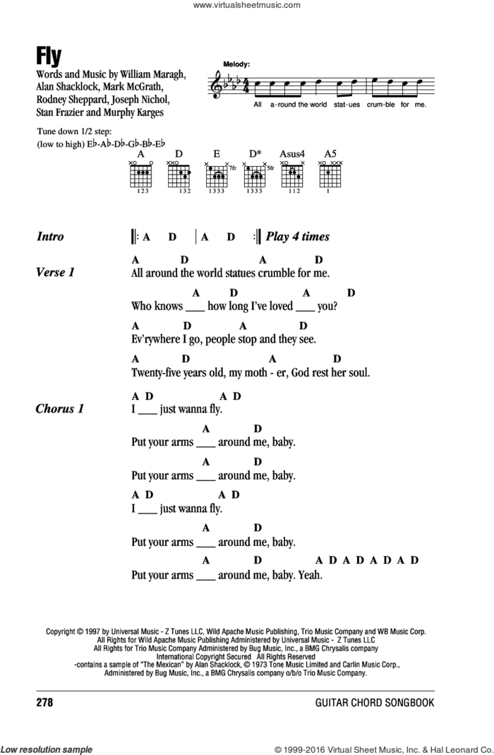Fly sheet music for guitar (chords) by Sugar Ray, Alan Shacklock, Joseph Nichol, Mark McGrath, Murphy Karges, Rodney Sheppard, Stan Frazier and William Maragh, intermediate skill level