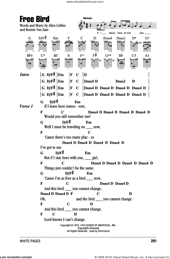 Free Bird sheet music for guitar (chords) by Lynyrd Skynyrd, Allen Collins and Ronnie Van Zant, intermediate skill level