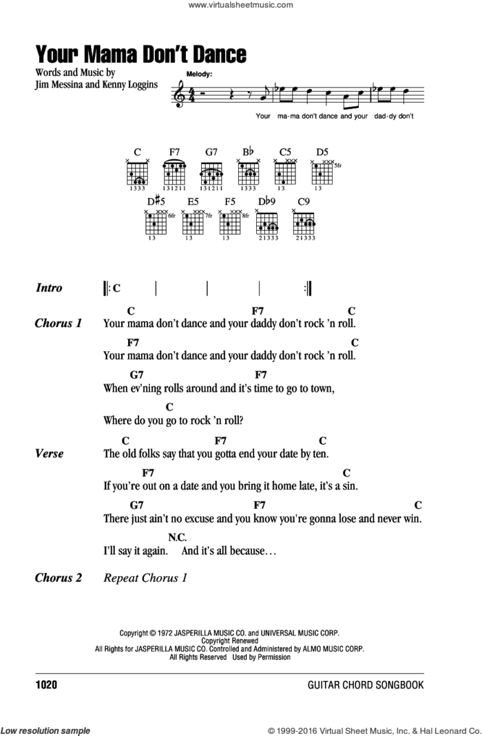 Your Mama Don't Dance sheet music for guitar (chords) by Loggins And Messina, Poison, Jim Messina and Kenny Loggins, intermediate skill level