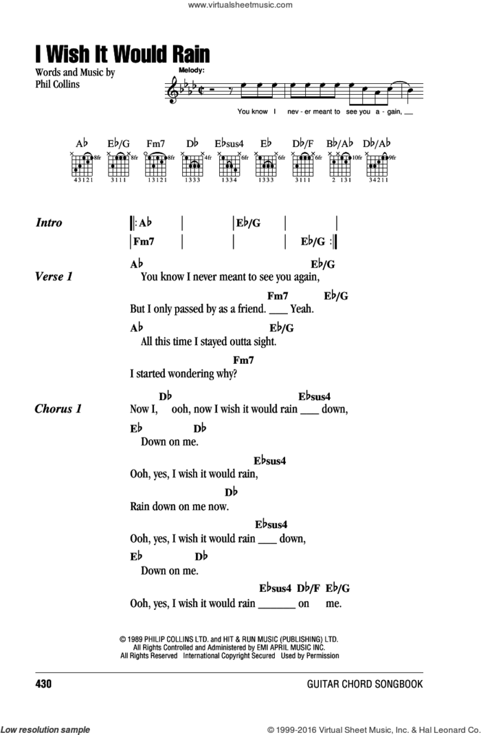 I Wish It Would Rain sheet music for guitar (chords) by Phil Collins, intermediate skill level