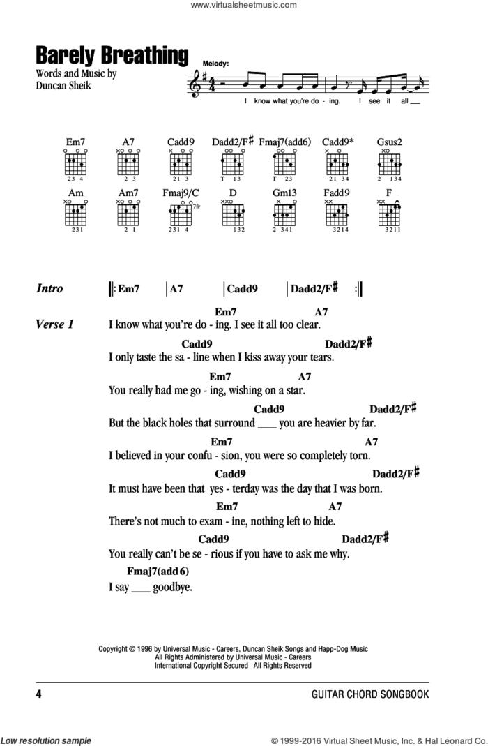 Barely Breathing sheet music for guitar (chords) by Duncan Sheik, intermediate skill level