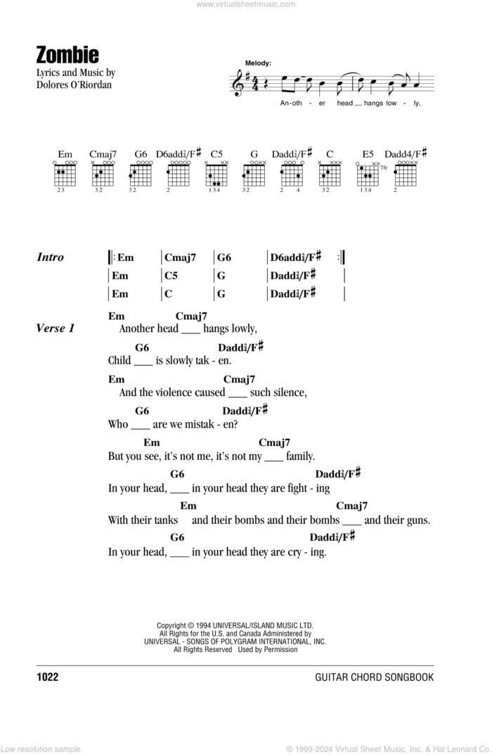 Zombie sheet music for guitar (chords) by The Cranberries, intermediate skill level