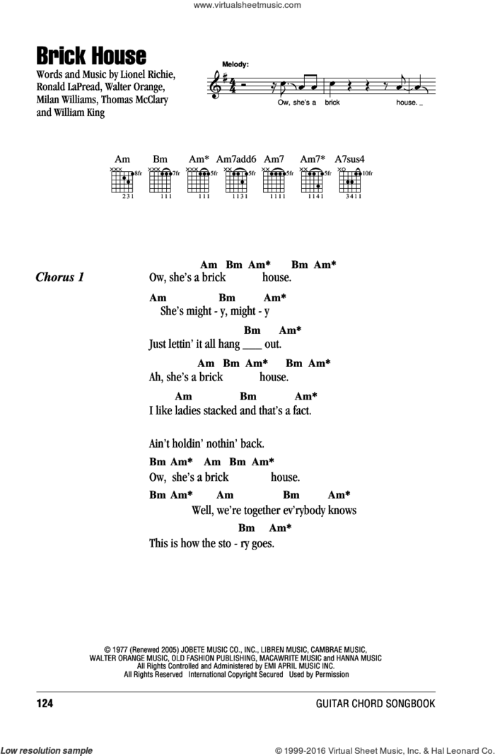 Brick House sheet music for guitar (chords) by Lionel Richie, The Commodores, Milan Williams, Ronald LaPread, Thomas McClary, Walter Orange and William King, intermediate skill level
