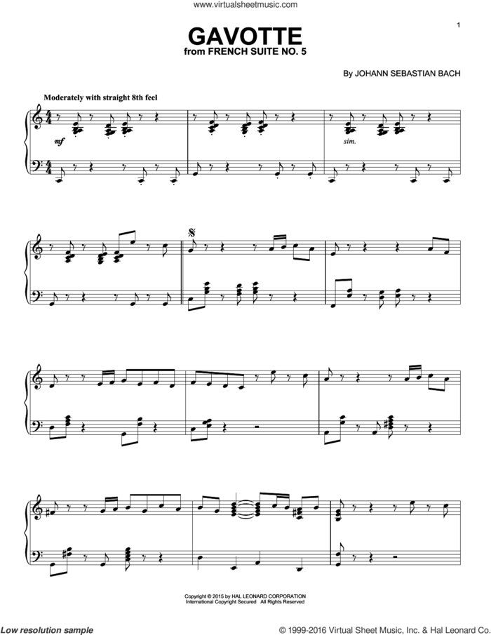 Gavotte [Jazz version] sheet music for piano solo by Johann Sebastian Bach, classical score, intermediate skill level