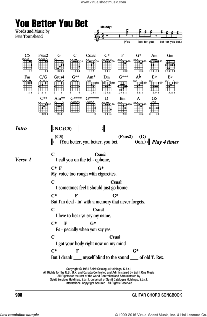 You Better You Bet sheet music for guitar (chords) by The Who and Pete Townshend, intermediate skill level