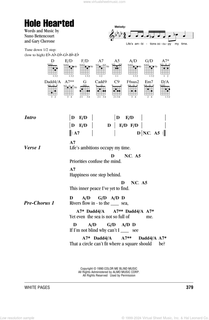 Hole Hearted sheet music for guitar (chords) by Extreme, Gary Cherone and Nuno Bettencourt, intermediate skill level