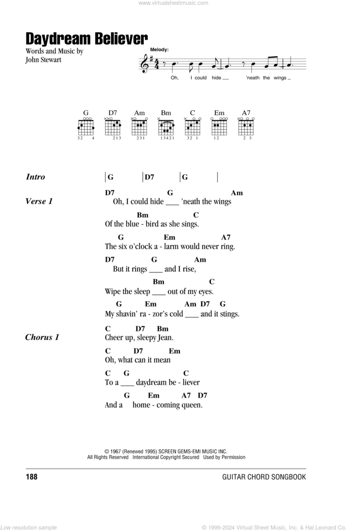 Daydream Believer sheet music for guitar (chords) by The Monkees and John Stewart, intermediate skill level