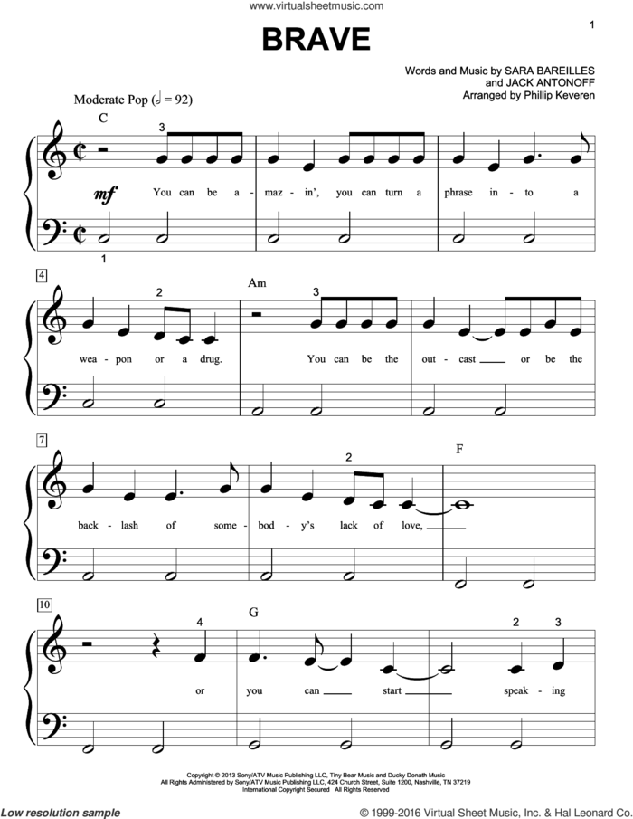 Brave (arr. Phillip Keveren) sheet music for piano solo (big note book) by Sara Bareilles, Phillip Keveren and Jack Antonoff, easy piano (big note book)