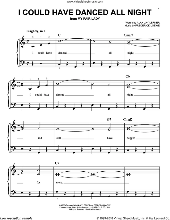 I Could Have Danced All Night sheet music for piano solo by Alan Jay Lerner and Frederick Loewe, beginner skill level