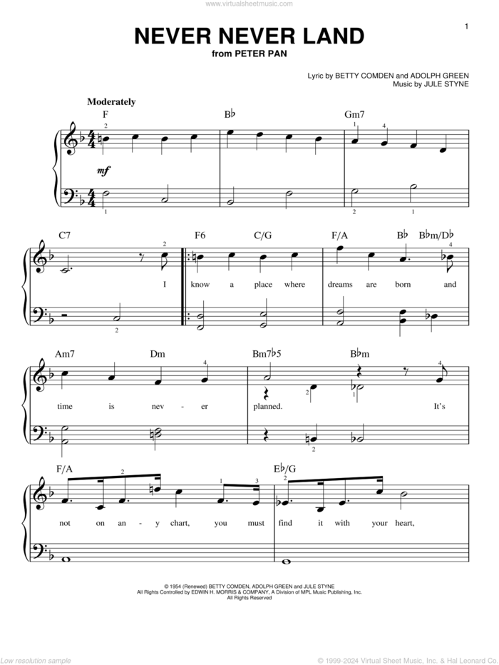 Never Never Land sheet music for piano solo by Jule Styne, Adolph Green and Betty Comden, beginner skill level