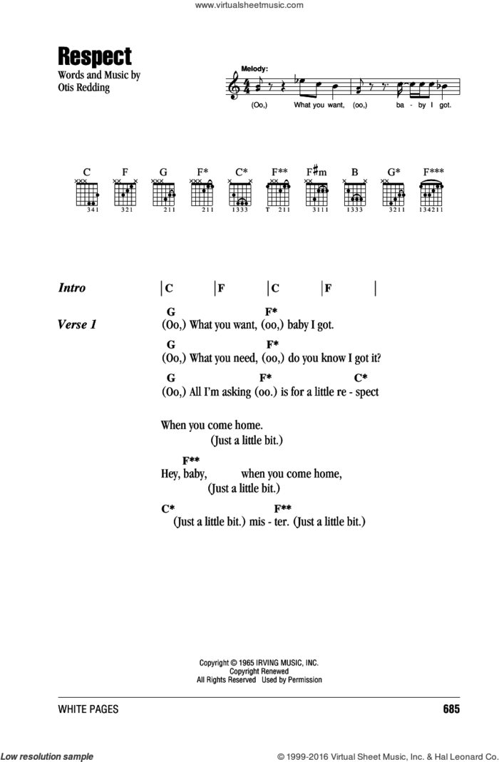 Respect sheet music for guitar (chords) by Aretha Franklin and Otis Redding, intermediate skill level