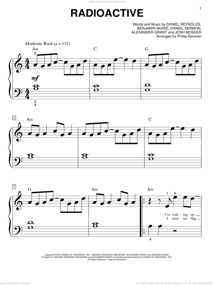 Radioactive (arr. Phillip Keveren) sheet music for piano solo (big note book) by Phillip Keveren, Imagine Dragons, Alexander Grant, Benjamin McKee, Daniel Reynolds, Daniel Sermon and Josh Mosser, easy piano (big note book)