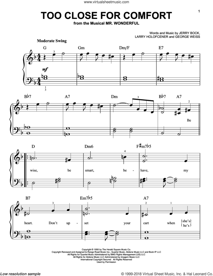 Too Close For Comfort sheet music for piano solo by Jerry Bock, George David Weiss and Larry Holofcener, beginner skill level