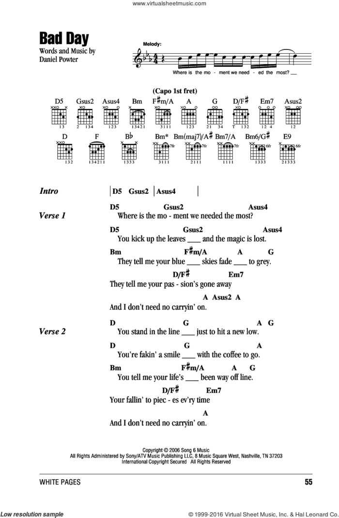 Bad Day sheet music for guitar (chords) by Daniel Powter and Alvin And The Chipmunks, intermediate skill level