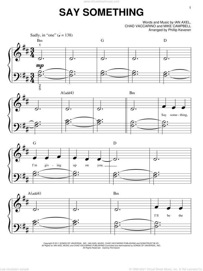 Say Something (arr. Phillip Keveren) sheet music for piano solo (big note book) by Phillip Keveren, A Great Big World, Chad Vaccarino, Ian Axel and Mike Campbell, easy piano (big note book)