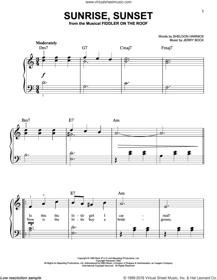 Sunrise, Sunset sheet music for piano solo by Jerry Bock and Sheldon Harnick, wedding score, beginner skill level